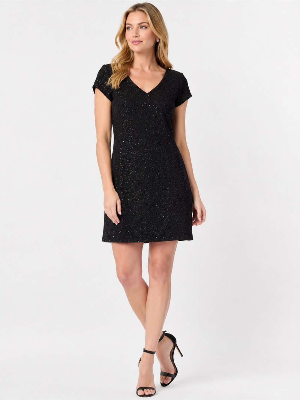 David Warren Black Sparkle Cap-Sleeve V-Neck Cocktail Party Dress